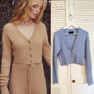 Ona by Yoon Chung Blue Ribbed Luna Cropped Cardigan Sweater
